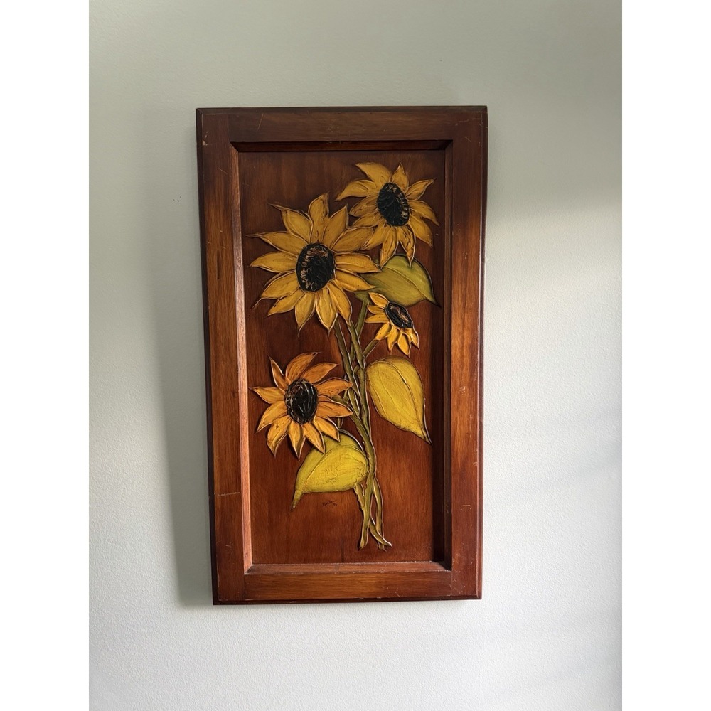 Vintage Hand Painted Sunflower Wood Wall Art Panel Framed Signed